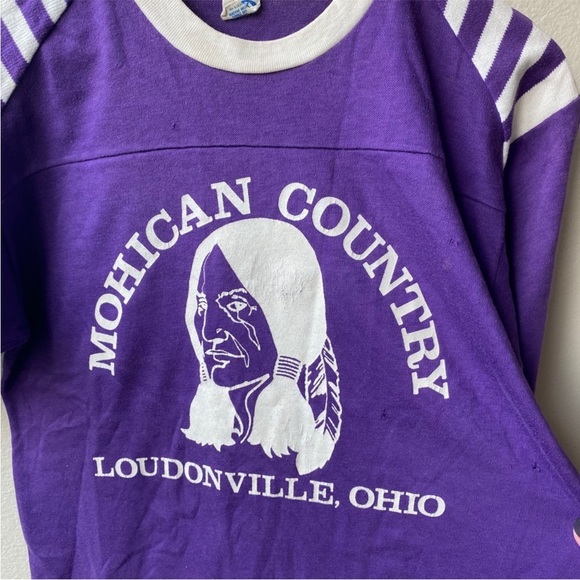 Vintage Mohican County T-shirt ringer raglan stripe 70s 80s Native purple white - Picture 2 of 7